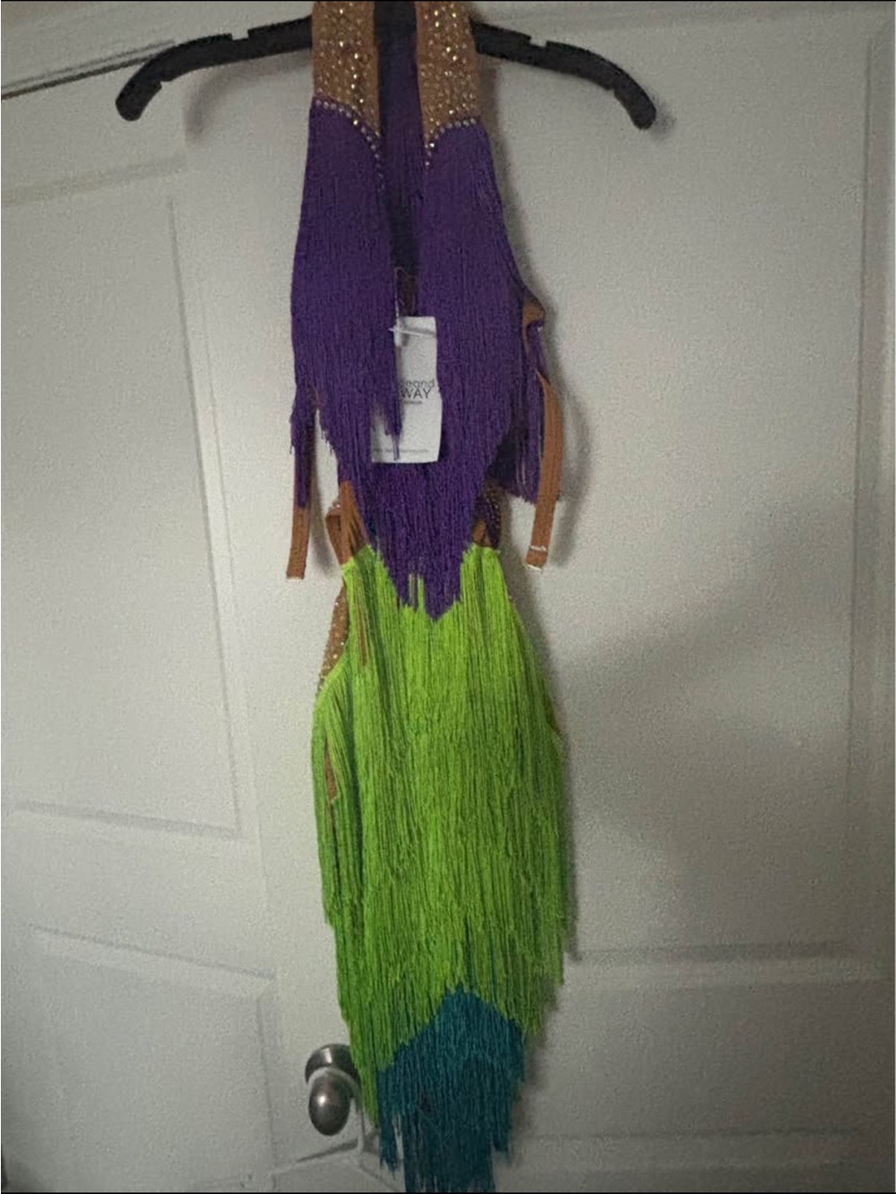 Latin rhythm FringeSalsa Competition Dress in Purple, Lime & Teal
